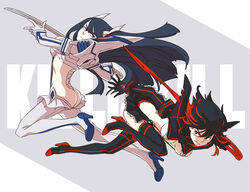  2girls ass bakuzan black_hair boots breasts commentary_request high_heels junketsu kill_la_kill kiryuuin_satsuki long_hair matoi_ryuuko medium_breasts multicolored_hair multiple_girls revealing_clothes scissor_blade_(kill_la_kill) senketsu short_hair sword thigh_boots thighhighs to_siva two-tone_hair underboob weapon 