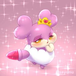  1:1 2017 anthro blush clothed clothing cocotama crown eyelashes featureless_limbs female fur headgear heart_eyes heart_symbol himitsu_no_cocotama kirarise_(cocotama) lipstick looking_back makeup open_mouth panties pink_background purple_body purple_fur sayunu simple_background solo tan_body tan_fur underwear yellow_eyes 