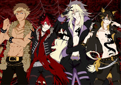  absurdres aion_(show_by_rock!!) animal_ears artist_request black_gloves black_hair black_nails blonde_hair blue_eyes bracelet brown_hair choker crow_(show_by_rock!!) earrings fingerless_gloves glasses gloves hand_in_hair highres jewelry long_hair male_focus multiple_boys nail_polish necklace necktie open_clothes open_mouth open_vest pants purple_eyes red_eyes red_hair rom_(show_by_rock!!) shirtless short_hair show_by_rock!! smile tattoo vest yaiba_(show_by_rock!!) yellow_eyes 