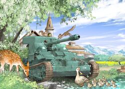  animal bird caterpillar_tracks church cloud commentary day duck inou_takashi mallard military military_vehicle motor_vehicle no_humans outdoors renault_ue_57 rock self-propelled_artillery sky squirrel tank tree vehicle_focus wargaming_japan water world_of_tanks 