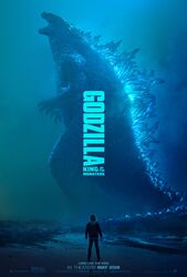  beach bioluminescence dinosaur energy epic fog giant_monster glowing godzilla godzilla_(2019) godzilla_(series) godzilla_2019 kaijuu legendary_pictures monster monsterverse movie_poster mutant night ocean official_art roaring sea spikes tail text text_focus toho_(film_company) water 