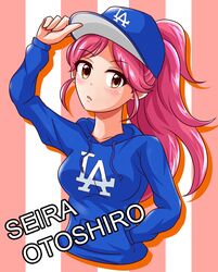  aikatsu! aikatsu!_(series) baseball_cap blue_hoodie blush breasts brown_eyes character_name commentary_request cropped_torso drawstring drop_shadow female ginmugi hand_in_pocket hand_on_headwear hat head_tilt highres hood hood_down hoodie logo long_hair looking_at_viewer los_angeles_dodgers major_league_baseball medium_breasts otoshiro_seira parted_lips pink_hair ponytail solo striped striped_background upper_body very_long_hair 