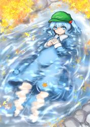  afloat autumn_leaves blue_eyes blue_hair commentary_request female hair_bobbles hair_ornament hat interlocked_fingers kawashiro_nitori long_sleeves looking_at_viewer lying moni_(credo) on_back own_hands_clasped own_hands_together partially_submerged ripples short_hair smile solo sparkle touhou two_side_up 