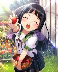  :o ^_^ basket black_hair black_ribbon blush closed_eyes commentary_request day ensemble_girls! ensemble_girls_(artist) facing_viewer female flower flower_bed food fruit greenhouse holding holding_basket holding_food holding_fruit incoming_food kimisaki_school_uniform lens_flare light_particles long_hair neck_ribbon official_art open_mouth orange_flower orange_tulip outdoors plaid plaid_skirt purple_flower red_flower red_tulip ribbon school_uniform serafuku skirt smile solo sparkle strawberry sunlight teeth tsurumi_himari tulip upper_teeth_only watermark white_flower yellow_flower yellow_tulip 