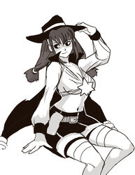  absurdres aged_up ahoge breasts cape cleavage daga female greyscale hair_ornament hairband hat highres large_breasts lilka_eleniak long_hair low-tied_long_hair monochrome photoshop_(medium) sidelocks skirt smile solo source_request thighhighs twintails wild_arms wild_arms_2 witch_hat 