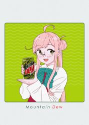  ahoge bad_id bad_twitter_id can double_bun drink_can female glasses green_background hair_bun halterneck kantai_collection long_sleeves looking_at_viewer makigumo_(kancolle) mountain_dew ojipon open_mouth pink_hair product_placement school_uniform shirt smile soda_can solo square twintails upper_body wavy_background white_shirt yellow_eyes 