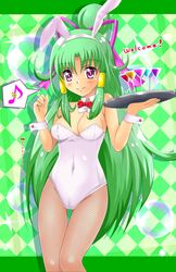  animal_ears argyle_background bow bowtie breasts cleavage commentary_request cure_empress detached_collar dokidoki!_precure english_text fake_animal_ears female fishnet_pantyhose fishnets glass green_background green_hair hair_tubes highres leotard long_hair medium_breasts musical_note pantyhose pink_bow playboy_bunny ponytail precure purple_eyes rabbit_ears ribbon shiguko sidelocks smile solo tray white_leotard wrist_cuffs 