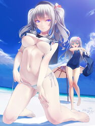  2016 2girls :o aqua_eyes ass_visible_through_thighs barefoot beach beach_umbrella beret bikini black_hat blue_eyes blue_one-piece_swimsuit blue_sky blush breasts closed_mouth cloud collarbone commentary_request covered_navel crop_top crop_top_overhang day dutch_angle flower grey_hair groin hair_flower hair_ornament hand_on_own_thigh hat highres holding holding_clothes kantai_collection kashima_(kancolle) kneeling large_breasts long_hair looking_at_another looking_at_viewer multiple_girls navel ocean okingjo one-piece_swimsuit open_mouth outdoors pale_skin pink_flower ro-500_(kancolle) sailor_bikini sailor_collar school_swimsuit side-by-side side-tie_bikini_bottom signature skindentation sky sleeveless small_breasts stomach striped swimsuit thigh_gap twintails umbrella underboob undressing untied_bikini unworn_swimsuit walking 