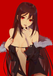  bare_shoulders biting biting_own_finger black_choker black_dress black_hair black_jacket blood blood_from_mouth breasts breasts_apart center_opening choker collarbone commentary_request dress ear_piercing earrings fate/grand_order fate_(series) female fur_trim groin hands_up head_tilt highres jacket jewelry long_hair looking_at_viewer medium_breasts navel ocarino off_shoulder open_clothes open_jacket parted_lips piercing red_background red_eyes revealing_clothes sidelocks simple_background solo standing stomach teeth torn_clothes torn_jacket upper_body very_long_hair yu_mei-ren_(fate) 