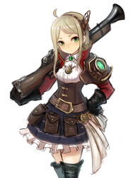  ahoge antique_firearm belt black_gloves black_legwear blonde_hair blunderbuss commentary corset female gem gloves green_eyes gun hair_ornament hand_on_own_hip highres kai_(ootamuno12) original over_shoulder photoshop_(medium) pouch skirt solo weapon 