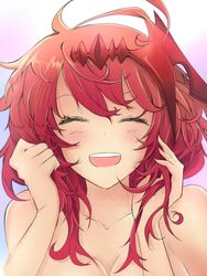  bad_id bad_twitter_id breasts cleavage closed_eyes commentary dmt_(auburn) english_commentary female godsworn_alexiel granblue_fantasy hair_between_eyes hair_ornament hands_in_hair holding holding_own_hair long_hair medium_breasts messy_hair red_hair smile solo upper_body 