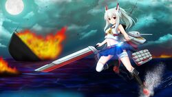  afloat ayanami_(azur_lane) azur_lane bad_id bad_pixiv_id blonde_hair cannon cloud cloudy_sky commentary_request female fire full_moon headgear holding horizon insider_(pix_insider) long_hair looking_at_viewer machinery moon navel night night_sky ocean pleated_skirt ponytail red_eyes school_uniform searchlight serafuku sinking skirt sky solo sword torpedo_launcher turret weapon 