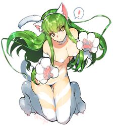  ! animal_ears animal_hands bad_id bad_pixiv_id breasts c.c. cat_ears cat_paws cat_tail cleavage code_geass commentary_request cosplay creayus fake_animal_ears felicia_(vampire) felicia_(vampire)_(cosplay) female green_hair long_hair looking_at_viewer medium_breasts pasties simple_background solo spoken_exclamation_mark tail thighhighs twitter_username vampire_(game) white_background white_thighhighs yellow_eyes 