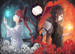  2girls alternate_costume animal_ears bandaged_wings bandages black_bow black_kimono black_wings blindfold blunt_bangs bow braid cat_ears cat_tail cave commentary_request feathered_wings fire flower from_side green_bow hairbow hand_up highres hitodama holding holding_umbrella japanese_clothes kaenbyou_rin kimono long_hair long_sleeves looking_down multiple_girls multiple_tails obi oil-paper_umbrella pointy_ears profile red_eyes red_hair reiuji_utsuho robe sash skull spider_lily standing tail touhou toutenkou two_tails umbrella white_blindfold white_robe wide_sleeves wings 