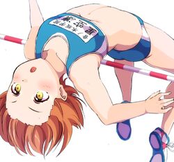  :o arched_back ass bare_arms bare_shoulders blue_buruma blush buruma clothes_writing collarbone commentary_request female flat_chest forehead foreshortening high_jump highres horizontal_bar hoshizora_rin love_live! love_live!_school_idol_project midair no_socks open_mouth orange_hair playing_sports race_bib sen_(sen0910) shoes short_hair simple_background sneakers solo sweat tareme track_and_field track_uniform white_background white_footwear yellow_eyes 