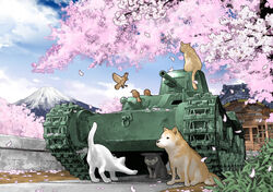  animal bird brick_wall canine caterpillar_tracks cherry_blossoms chi-ni cloud commentary day feline inou_takashi military military_vehicle motor_vehicle mount_fuji no_humans official_art outdoors sky sparrow tank tree vehicle_focus wargaming_japan world_of_tanks 