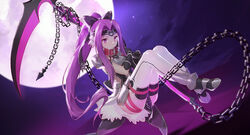  armor ass belt black_footwear black_gloves black_ribbon breastplate chains closed_mouth clothes_between_thighs commentary expressionless fate/grand_order fate_(series) faulds female full_body full_moon gloves hair_intakes hair_ribbon harpe headband hip_vent holding holding_weapon knees_up long_hair looking_at_viewer medusa_(fate) medusa_(lancer)_(fate) miniskirt moon night night_sky outdoors pelvic_curtain photoshop_(medium) ponytail purple_eyes purple_hair ribbon scythe shoes shoulder_armor showgirl_skirt skirt sky sleeveless smile_(mm-l) solo star_(sky) starry_sky thighhighs very_long_hair weapon white_skirt white_thighhighs 