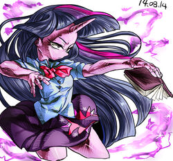  bad_id bad_pixiv_id black_hair book breasts colored_skin cowboy_shot cropped_legs dated female forehead hime_cut horns long_hair magic multicolored_hair my_little_pony my_little_pony:_equestria_girls my_little_pony:_friendship_is_magic personification pink_hair purple_eyes purple_hair purple_skin school_uniform single_horn small_breasts solo streaked_hair tetugakuzonbi twilight_sparkle_(human) twilight_sparkle_(mlp) very_long_hair 