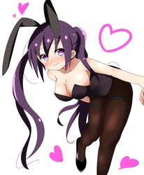  animal_ears bent_over black_footwear black_leotard black_pantyhose blush breasts cleavage collarbone commentary_request fake_animal_ears female floating_hair gochuumon_wa_usagi_desu_ka? hair_between_eyes heart high_heels large_breasts leotard long_hair looking_at_viewer pantyhose playboy_bunny pumps purple_eyes purple_hair rabbit_ears rabbit_tail riyo_(aokiwazumi) simple_background smile solo strapless strapless_leotard tail tedeza_rize thighband_pantyhose twintails very_long_hair white_background 