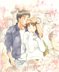  bag black_hair blue_jacket blush brown_hair cherry_blossoms commentary_request couple hand_on_another&#039;s_head hand_on_own_chest hand_to_own_mouth highres izumi_noa jacket kidou_keisatsu_patlabor long_hair long_sleeves multiple_boys multiple_girls open_mouth painting_(medium) pale_color shinohara_asuma shirt short_hair shoulder_bag sleeves_pushed_up straight thumb_in_pocket traditional_media ususionorisio watch watercolor_(medium) white_shirt wristwatch 