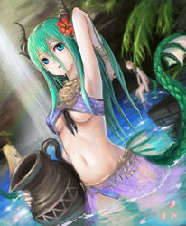  3girls aqua_hair armpits blue_eyes breasts commentary dragon_girl dutch_angle flower hair_flower hair_ornament highres horns kai_(ootamuno12) looking_at_viewer medium_breasts midriff multiple_girls navel open_mouth original panties petals photoshop_(medium) pitcher_(container) skirt solo_focus tail underboob underwear wading water waterfall wet 