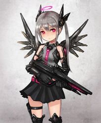  black_gloves black_legwear black_skirt commentary female gloves grey_hair gun hair_ornament halo kai_(ootamuno12) looking_at_viewer mecha_musume metal_wings original pink_eyes skirt solo weapon 