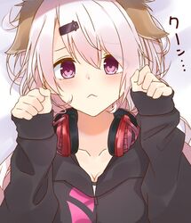  animal_ears blush breasts cleavage closed_mouth collarbone commentary_request dog_ears female hair_between_eyes hair_ornament hairclip headphones headphones_around_neck highres hikari_yui hood hoodie kemonomimi_mode long_hair looking_at_viewer nijisanji paw_pose purple_eyes shiina_yuika shiina_yuika_(2nd_costume) solo virtual_youtuber 