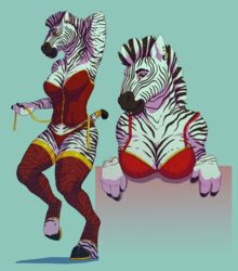  anthro bra breasts clothing corset damara_(turbotracks) ear_piercing equid equine female hair hand_behind_head jeanwoof legwear lingerie looking_at_viewer mammal piercing solo standing stockings thick_thighs toeless_legwear topwear underwear zebra 