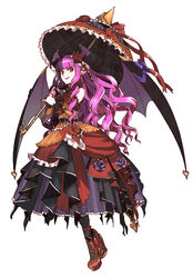  arm_warmers awii bat_wings black_legwear blunt_bangs commentary_request cryptract dress female flower frilled_dress frilled_umbrella frills full_body hair_flower hair_ornament head_wings holding holding_umbrella long_hair over_shoulder pink_hair pointy_ears red_eyes red_footwear ririannu rose shoes smile solo standing umbrella vampire white_background wings 