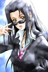  adjusting_eyewear black_hair breasts commentary_request female formal long_hair looking_over_eyewear medium_breasts monster_musume_no_iru_nichijou ms._smith necktie photoshop_(medium) s-now signature solo suit sunglasses upper_body yellow_eyes 