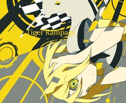  bad_id bad_pixiv_id blonde_hair checkered_clothes checkered_skirt commentary_request female kagamine_rin mochizuki_kei school_uniform short_hair skirt solo tiger_rampage_(vocaloid) upside-down vocaloid yellow_eyes 