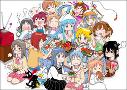  +_+ 6+girls aioi_yuuko aizawa_eiko black_eyes black_hair blonde_hair blood blue_eyes blue_hair blush brown_hair closed_eyes crossover drooling everyone food glasses halo helvetica_standard ikamusume index koneko_no_nikokyuu kotatsu long_hair marui_futaba marui_hitoha marui_mitsuba minakami_mai mini-ikamusume mitsudomoe multiple_girls naganohara_mio naganohara_yoshino nagatsuki_sanae nichijou nosebleed open_mouth pino_(helvetica_standard) professor_shinonome red_eyes red_hair sakamoto_(nichijou) sakurai_izumi saliva shinonome_nano shinryaku!_ikamusume short_hair table tears tentacle_hair to_aru_kagaku_no_railgun to_aru_majutsu_no_index 