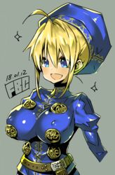  ahoge blonde_hair blue_eyes breasts commentary_request fantasy_earth fantasy_earth_zero fbc female hat large_breasts long_sleeves open_mouth short_hair solo warrior_(fantasy_earth) warrior_(jeanne_outfit)_(fantasy_earth_zero) 