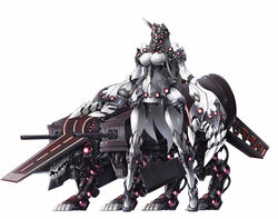  abyssal_ship bare_shoulders claws colored_skin commentary_request detached_sleeves dress female full_body glowing glowing_eyes horns kantai_collection machinery mecha mechanization red_eyes ribbed_dress robot seaport_princess simple_background single_horn solo takamaru_(taka1220) turret white_background white_dress white_hair white_skin 