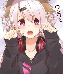  animal_ears blush breasts cleavage collarbone commentary dog_ears female hair_between_eyes hair_ornament hairclip headphones headphones_around_neck highres hikari_yui hood hoodie kemonomimi_mode long_hair looking_at_viewer nijisanji oerba_yun_fang open_mouth paw_pose purple_eyes shiina_yuika shiina_yuika_(2nd_costume) solo virtual_youtuber 