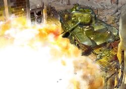  caterpillar_tracks commentary explosion inou_takashi military military_vehicle motor_vehicle no_humans official_art ruins sta-1 tank vehicle_focus wargaming_japan window world_of_tanks 