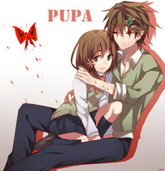  1boy bow bowtie brother_and_sister brown_eyes brown_hair bug butterfly closed_eyes commentary_request f_(hiyamatakao) female flower hair_flower hair_ornament hairclip hasegawa_utsutsu hasegawa_yume hug looking_at_viewer pupa scar scar_across_eye scar_on_face school_uniform short_hair siblings skirt sweater 