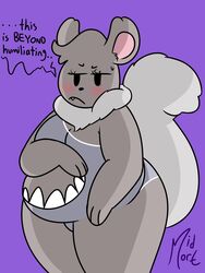  3:4 anthro belly big_belly big_breasts big_ears black_eyes blush bodily_fluids breasts chinchilla chinchillid clothed clothing cutout dialogue digital_media_(artwork) embarrassed english_text eyelashes female fluffy fluffy_tail fur grey_body grey_fur grey_hair hair hi_res mammal midmort midriff one-piece_swimsuit overweight overweight_anthro overweight_female paws plum_(midmort) purple_background rodent sharkini simple_background single_strap single_strap_clothing single_strap_swimsuit single_strap_swimwear solo speech_bubble sweat swimwear tail teeth text 