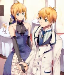  1boy ahoge arthur_pendragon_(fate) arthur_pendragon_(white_rose)_(fate) artoria_pendragon_(fate) blonde_hair blue_bow blue_dress blue_necktie bow braid braided_bun breasts cleavage collarbone commentary_request couple dress elbow_gloves fate/extella fate/extra fate/grand_order fate_(series) female formal gloves green_eyes grey_gloves hair_between_eyes hair_bun hairbow holding_hands indoors jacket medium_breasts necktie official_alternate_costume parted_lips saber_(fate) saber_(lapis_lazuli_dress)_(fate) see-through see-through_cleavage short_hair sidelocks sleeveless sleeveless_dress smile straight striped vertical_stripes white_jacket woumu 