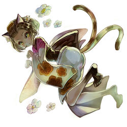  animal_ears bad_id bad_pixiv_id brown_hair cat_ears cat_tail comb deba female flower hair_flower hair_ornament japanese_clothes kimono long_sleeves looking_at_viewer multiple_tails oboro_muramasa okoi_(oboro_muramasa) paw_pose photoshop_(medium) solo tail vanillaware wide_sleeves 