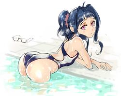  ahoge ass back bent_over blue_hair blue_one-piece_swimsuit blunt_bangs blush commentary_request competition_swimsuit crossed_arms dokiyuri female flat_chest from_side glasses high_ponytail kakumeiki_valvrave long_hair looking_at_viewer looking_back lying nobi_marie on_stomach one-piece_swimsuit pink_eyes ponytail pool scrunchie short_hair sidelocks swimsuit tile_floor tiles unworn_eyewear wading water wet 