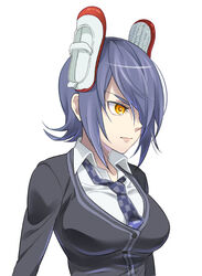  alternate_headwear bad_id bad_pixiv_id blue_hair checkered_necktie female footwear_on_head hair_over_one_eye kantai_collection komejiru_tatsunoshin necktie object_on_head shoes short_hair solo tenryuu_(kancolle) uwabaki yellow_eyes 