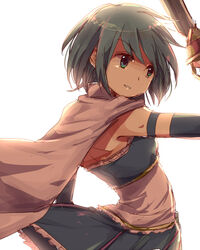  armband blue_eyes blue_hair cape commentary_request female grin kanmuri_(cloud-ff7) magical_girl mahou_shoujo_madoka_magica mahou_shoujo_madoka_magica_(anime) miki_sayaka miki_sayaka_(magical_girl) short_hair simple_background smile solo sword weapon white_background 