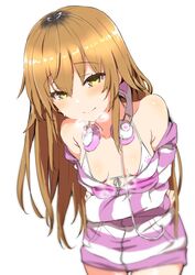  animal_ear_headphones animal_ears bare_shoulders bikini bikini_under_clothes blonde_hair blush breasts cat_ear_headphones clearite closed_mouth collarbone fake_animal_ears female hair_between_eyes headphones headphones_around_neck ienaga_mugi ienaga_mugi_(1st_costume) long_hair looking_at_viewer micro_bikini nijisanji off_shoulder pajamas small_breasts solo striped swimsuit virtual_youtuber white_bikini yellow_eyes 