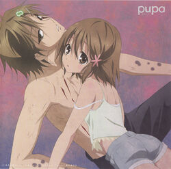  1boy brother_and_sister brown_eyes brown_hair female flower hair_flower hair_ornament hairclip hasegawa_utsutsu hasegawa_yume highres official_art open_mouth pupa scar scar_across_eye scar_on_face short_hair shorts siblings tank_top topless_male 