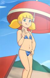  bare_arms bare_legs bikini blonde_hair closed_mouth collarbone day female female flat_chest inspector_gadget lolicon looking_at_viewer midriff navel outdoors penny_(inspector_gadget) pepipopo short_twintails sky solo standing swimsuit tongue tongue_out twintails umbrella 