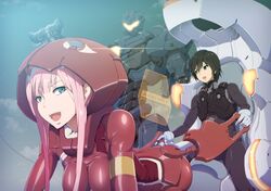  1boy black_hair blue_eyes commentary crossover darling_in_the_franxx female gipsy_avenger green_eyes hiro_(darling_in_the_franxx) horns jaeger_(pacific_rim) long_hair mecha military military_vehicle nandz pacific_rim pacific_rim:_uprising pilot_suit pink_hair robot science_fiction season_connection short_hair zero_two_(darling_in_the_franxx) 