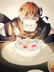  1boy asugi_(fire_emblem) beroring cake commentary_request drink eating fingerless_gloves fire_emblem fire_emblem_fates food fruit gloves headband male_focus open_mouth orange_eyes orange_hair solo strawberry teeth 