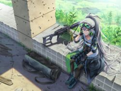  aek-999 aek-999_(girls&#039;_frontline) bag black_jacket boots breasts bullet_hole commentary cross-laced_footwear day duffel_bag female from_above girls&#039;_frontline gloves goggles goggles_on_head grass grey_hair grey_legwear gun hair_between_eyes headphones headphones_around_neck highres jacket lace-up_boots long_hair looking_at_viewer makkuro open_clothes outdoors plaid plaid_skirt shirt sitting skirt smile solo weapon white_shirt yellow_eyes 