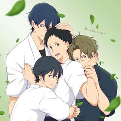  5boys black_eyes black_hair black_shirt blue_hair brown_hair closed_mouth collared_shirt commentary_request curtained_hair dark_blue_hair fujiwara_shuu gradient_background green_background grey_eyes hand_on_another&#039;s_head highres hug japanese_clothes leaf looking_at_viewer looking_to_the_side male_focus male_harem mole mole_under_eye multiple_boys narumiya_minato open_clothes open_shirt purple_eyes ringo_aneki shirt short_hair short_sleeves smile takehaya_seiya takigawa_masaki tsurune:_kazemai_koukou_kyuudoubu twitter_username upper_body very_short_hair white_shirt yaoi 